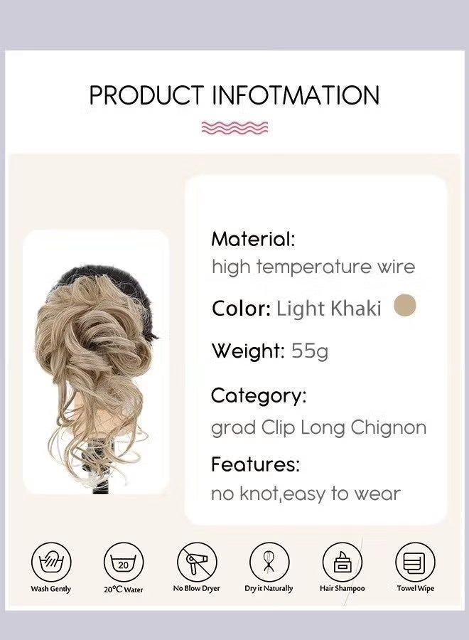 وصلات شعر على شكل كعكة مجعدة فوضوية، كعكة شعر صناعية مموجة بمشبك مطاطي عالي، إكسسوارات شعر على شكل كعكة دائرية للنساء، ربطات شعر مرفوعة، لون كاكي فاتح - Image 3